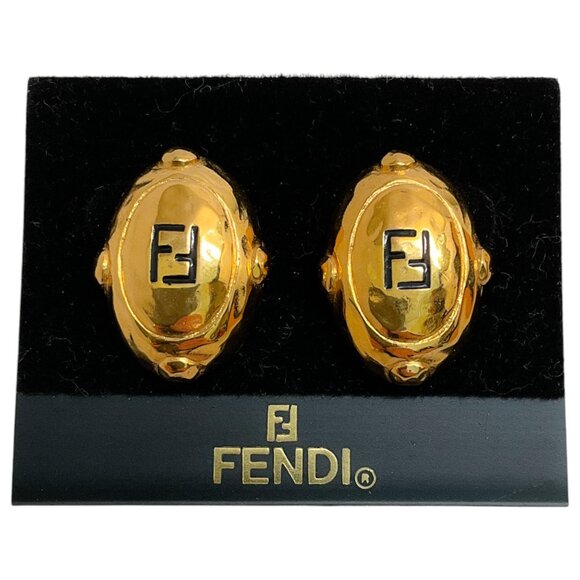 Fendi Vintage Gold Plated Earrings with Black Logo - Picture 4 of 4